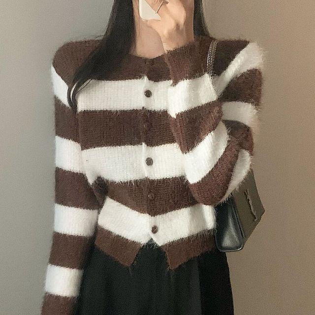 래빗 구름 퍼 니트 단가라 스트라이프 가디건(5color)_빈야드