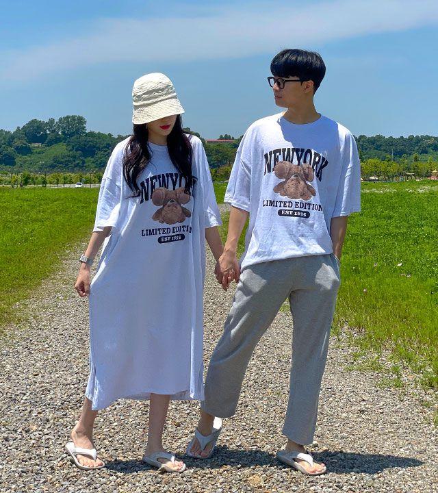 [주머니내장!!/3컬러] 곰돌이 프린팅 옆트임 여름 빅사이즈 반팔 롱 원피스 반팔티 박스티 커플티 커플룩 시밀러룩 휴가룩 바캉스