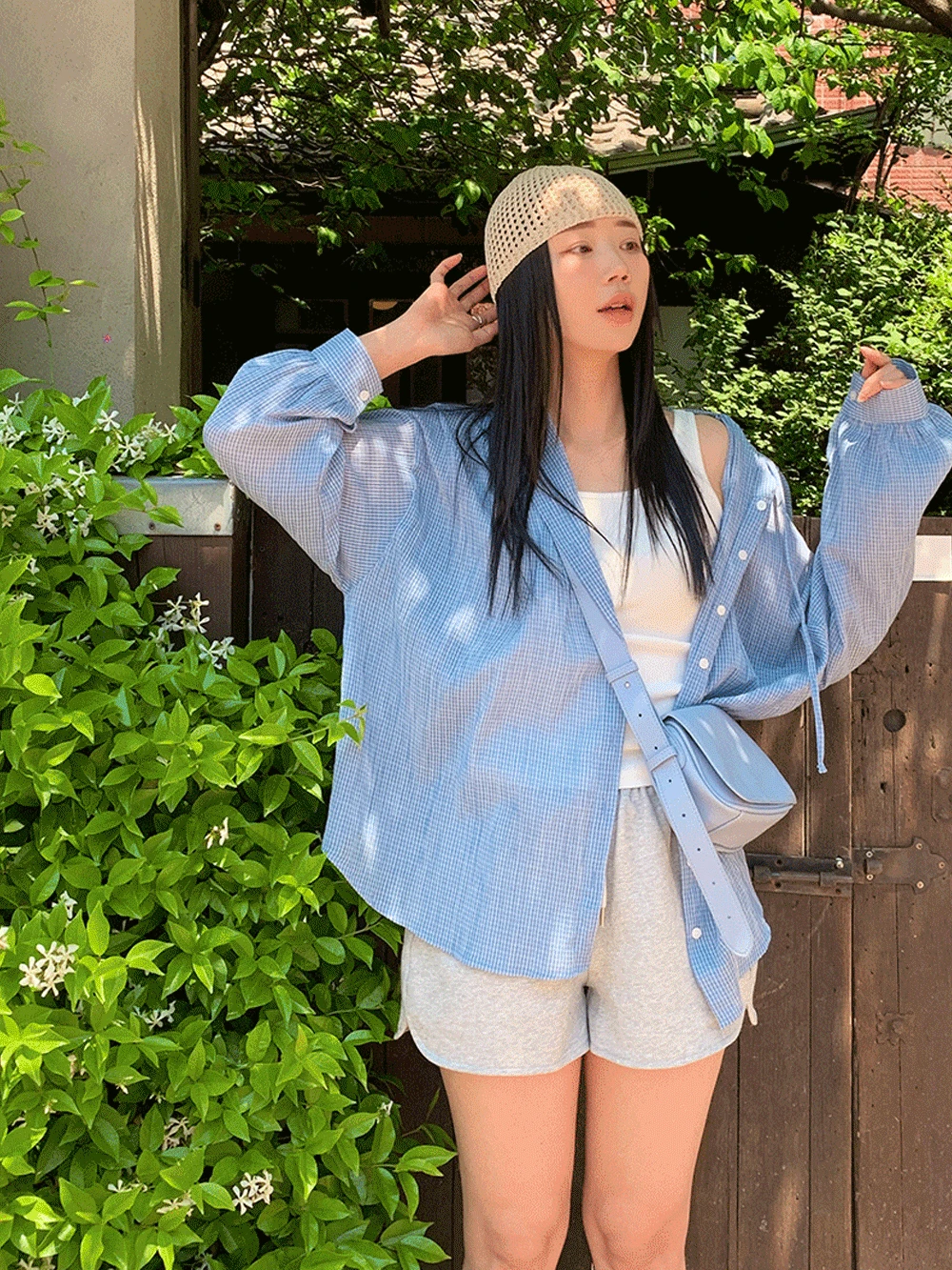 [당일출고/여름 살안타템] 시어 체크 후드 셔츠