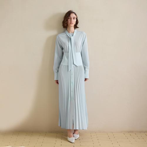 YY_Cinched waist pleated shirt dress