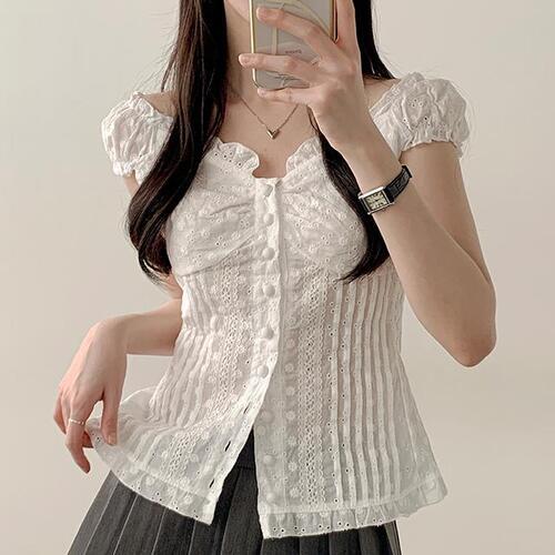 피치모드 [발레코어/휴양지룩] 테즈 레이스 펀칭 오프숄더 나시 블라우스 (2color)