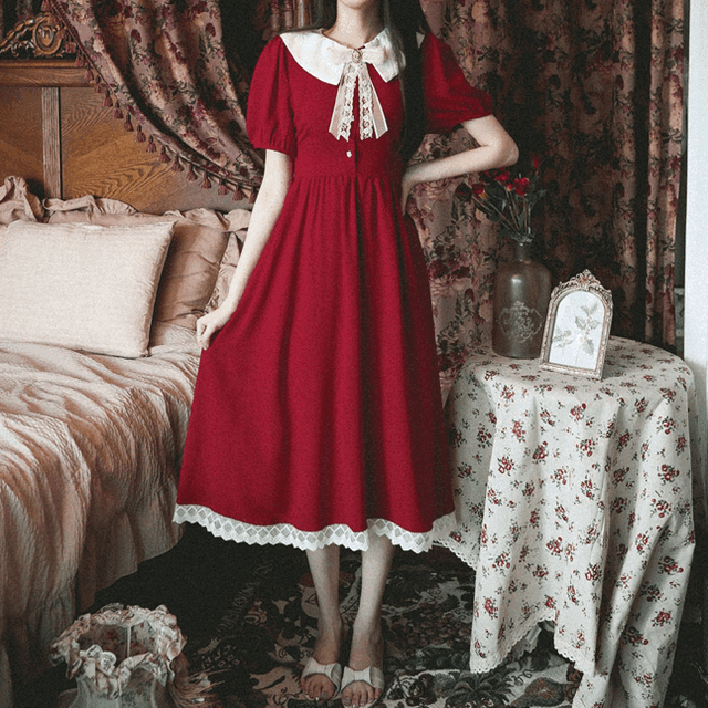 안젤라 쉬폰 레이스 카라 배색 롱 원피스 op0173