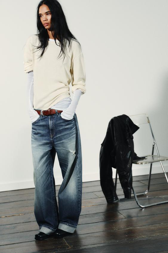 JEANS TRF BAGGY 롤업 디스트로이드 미드라이즈