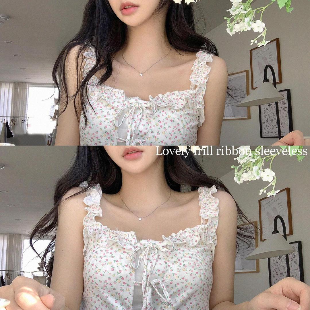더멋 [당일출고!완전청순]러블리 플라워 프릴 리본 쫀쫀 크롭 슬리브리스 나시