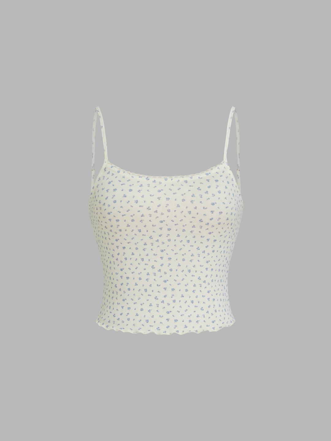Pointelle U-neckline Floral Lettuce Trim Crop Cami Top