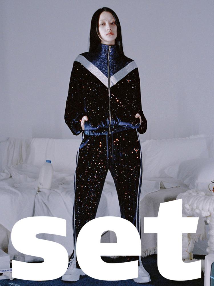 [클럿스튜디오][세트][셀럽착용] 0 3 스타즈 벨벳 트레이닝 재킷 & 팬츠 - 네이비