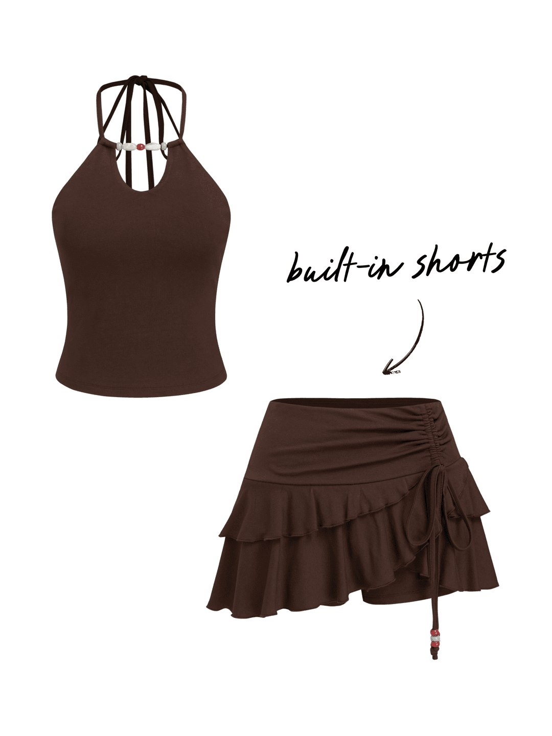 Halter Neckline Beaded Cami Top & Low Rise Drawstring Mini Skort Set