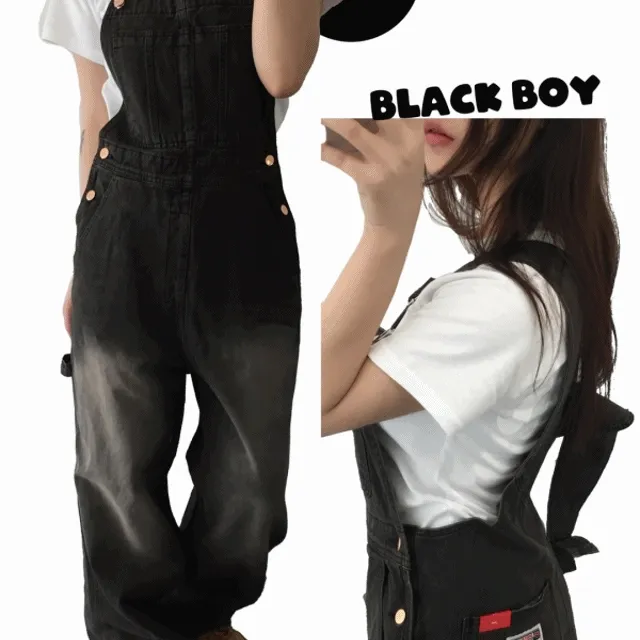 (UNISEX!) 톰보이 블랙 브라운 워싱 진 멜빵