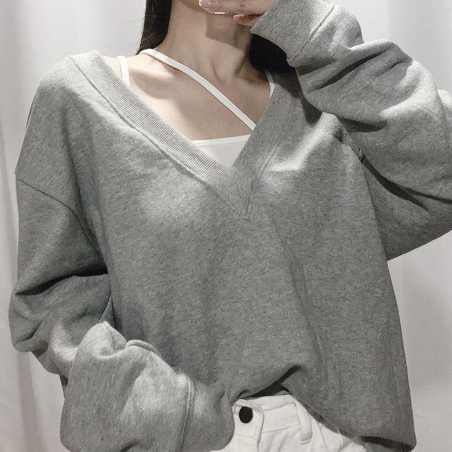 데일리 루즈핏 레이어드 딥브이넥 맨투맨 (블랙/그레이)