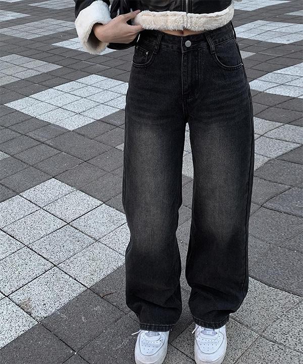 캐츠 블랙 워싱 와이드 데님 팬츠