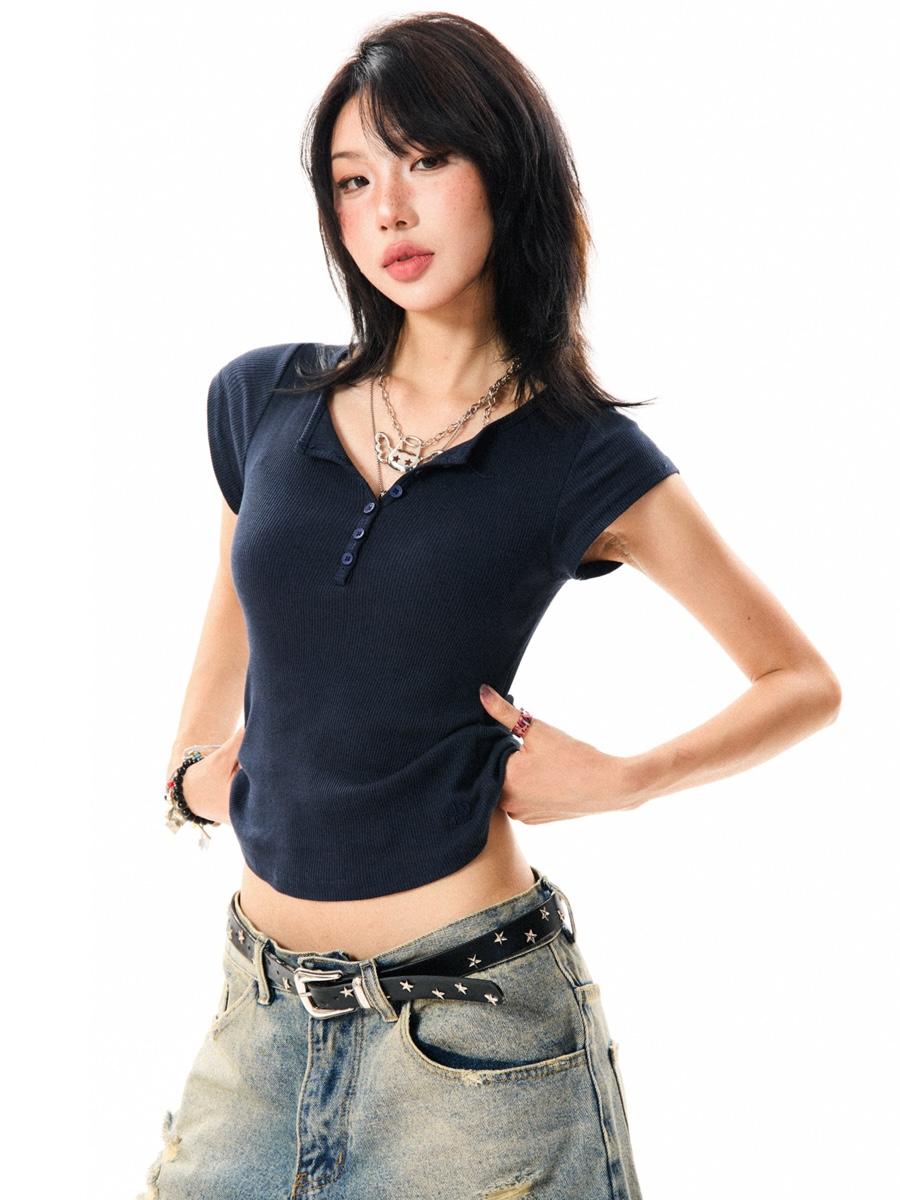 YOUNG STAGE Cap Button Slim T-shirt (2color)
