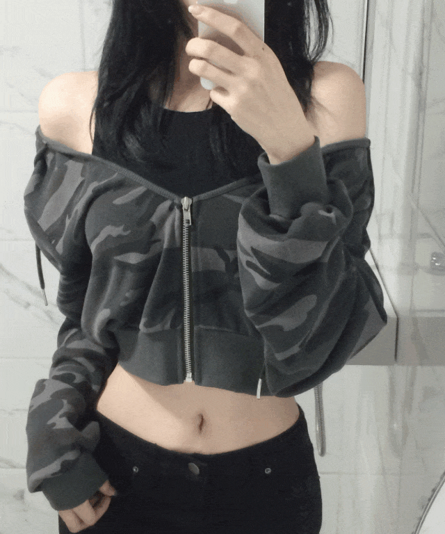 [유사품주의/고퀄리티] 하루 로우넥 카모 크롭 후드집업