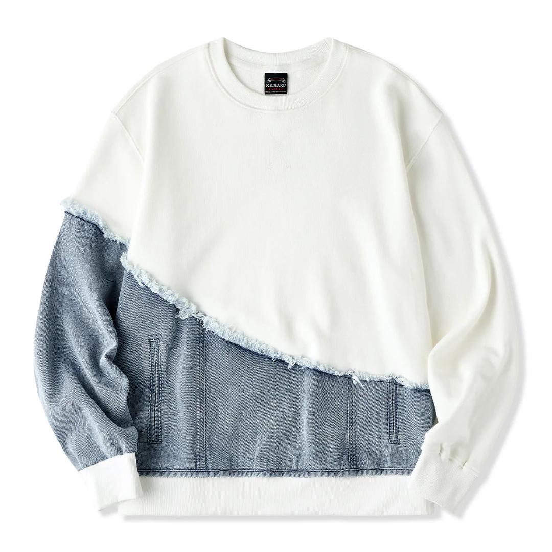 재구성 워시드 데님 배색 V 가셋 코튼 크루넥 스웨트셔츠