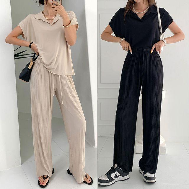 [77까지/시원한소재] 아이스 쿨링 반팔 카라 티셔츠 플리츠 밴딩 바지 세트 바캉스룩 휴가룩 -BPST0098- 빅사이즈 루즈핏 오버핏 여름