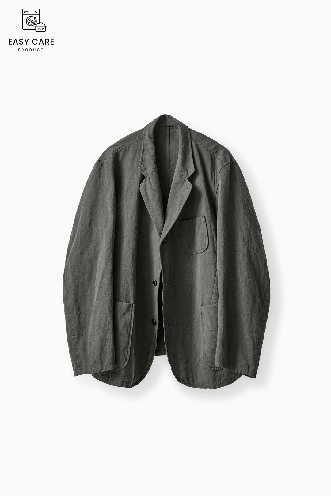 GREYISH KHAKI BOIL EFFECT JAPANESE HEMP COTTON DRILL SPORTS COAT (ECP GARMENT PROCESS)