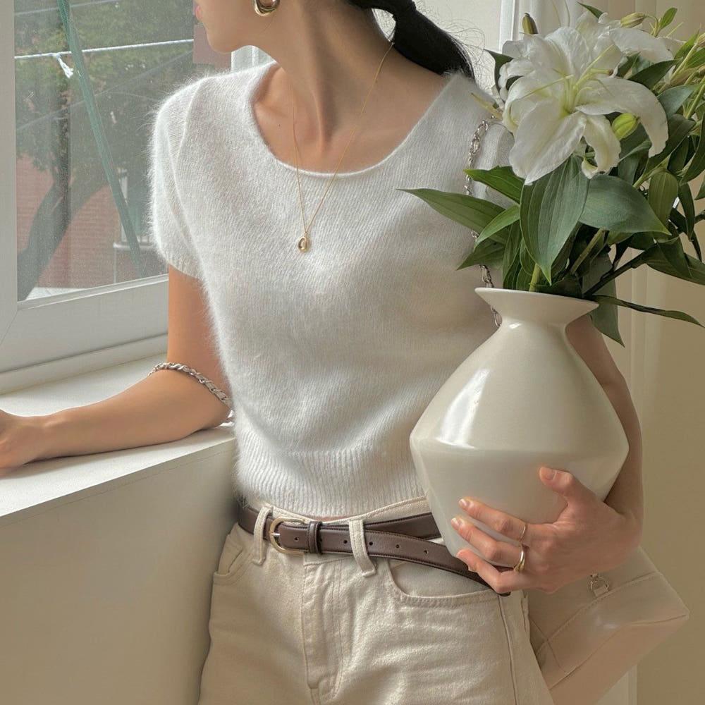 드뮤어룩 미코 앙고라 스퀘어넥 반팔 니트