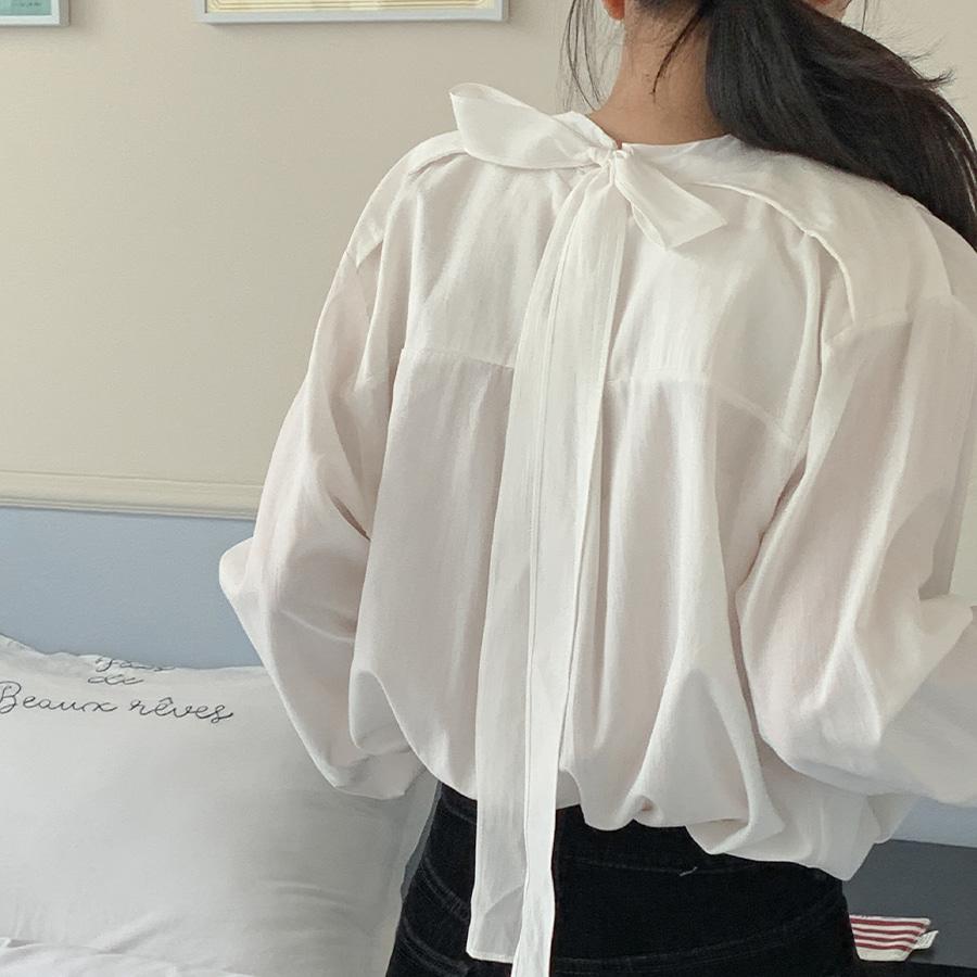 [💍하객룩] 스윗리본 백포인트 블라우스 여자하객룩 레이어드 벌룬소매 루즈핏 여리핏
