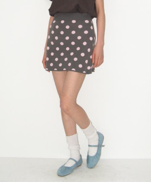 DOT PATTERN BANDING KNIT MINI SKIRT CHARCOAL PINK DOT