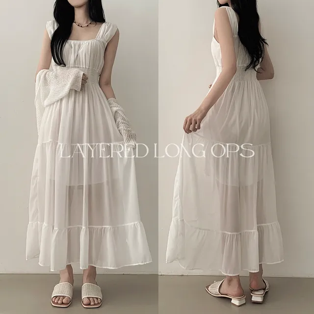 [여리여리~은근섹시] 시스루 하늘하늘~ 쉬폰 셔링 스모크밴딩 나시 롱원피스