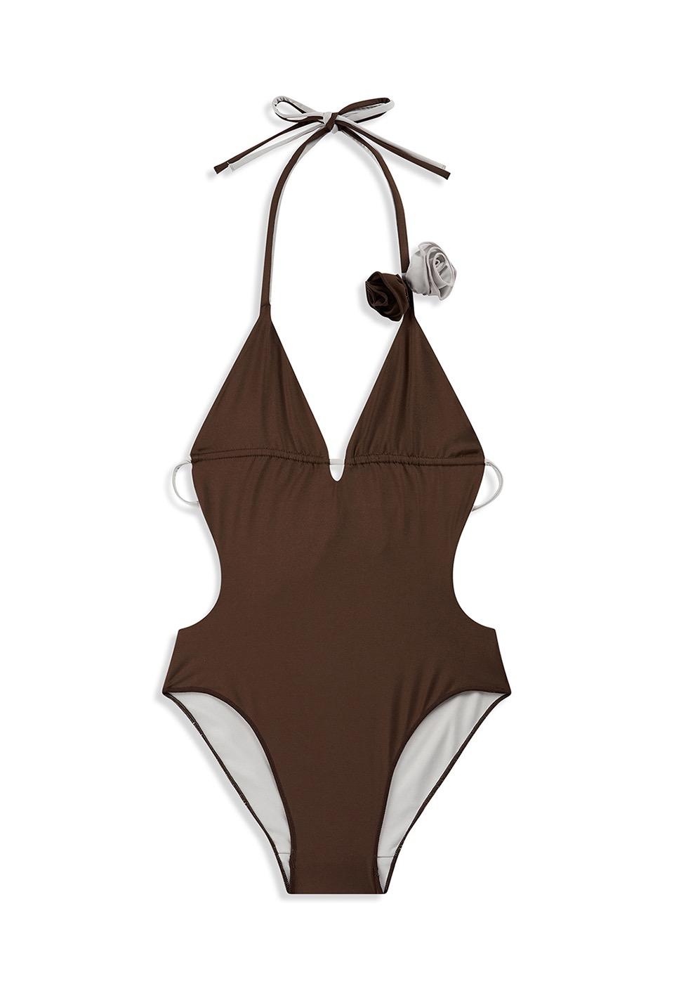 FLOWER STRAPPY SWIMSUIT, BROWN