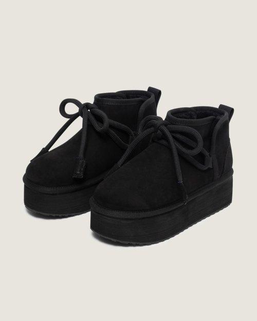 Fuzzy Ribbon Platform Boots_Black