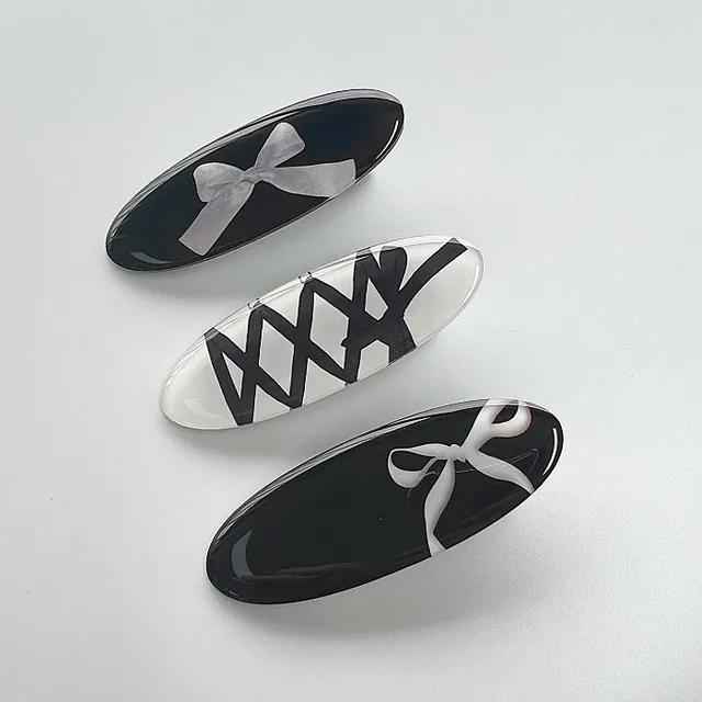발레 리본 블랙 화이트 아크릴 머리핀