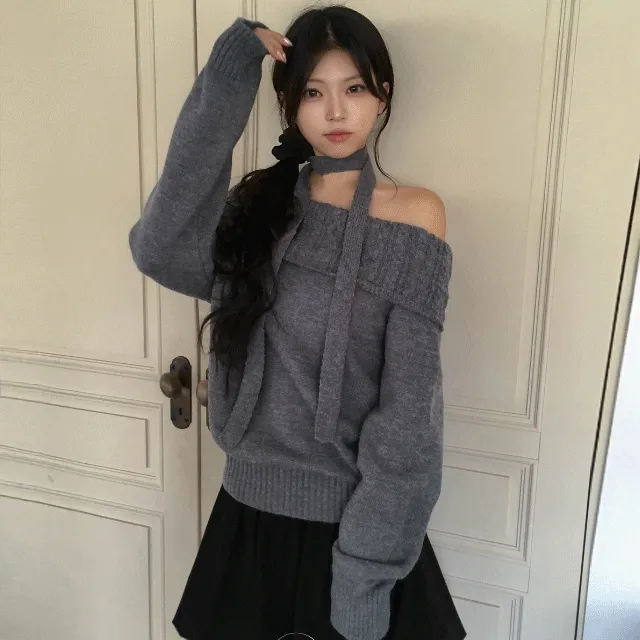 [연말룩🎀] 머플러set 꽈배기 오프숄더 니트