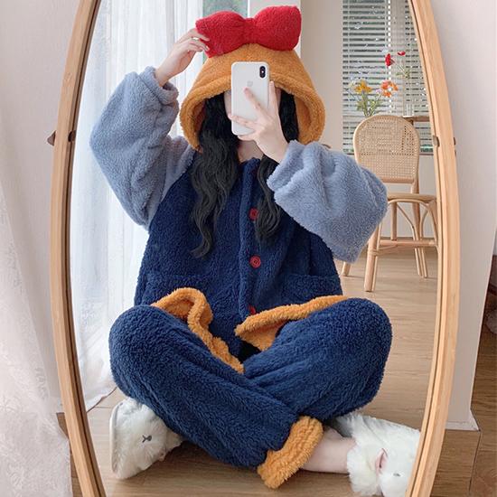 리본 후드 양털 홈웨어 세트