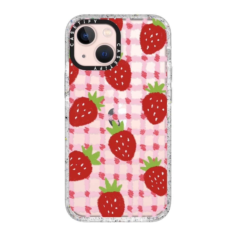 sweet red strawberries with pink check pattern - crayon texture