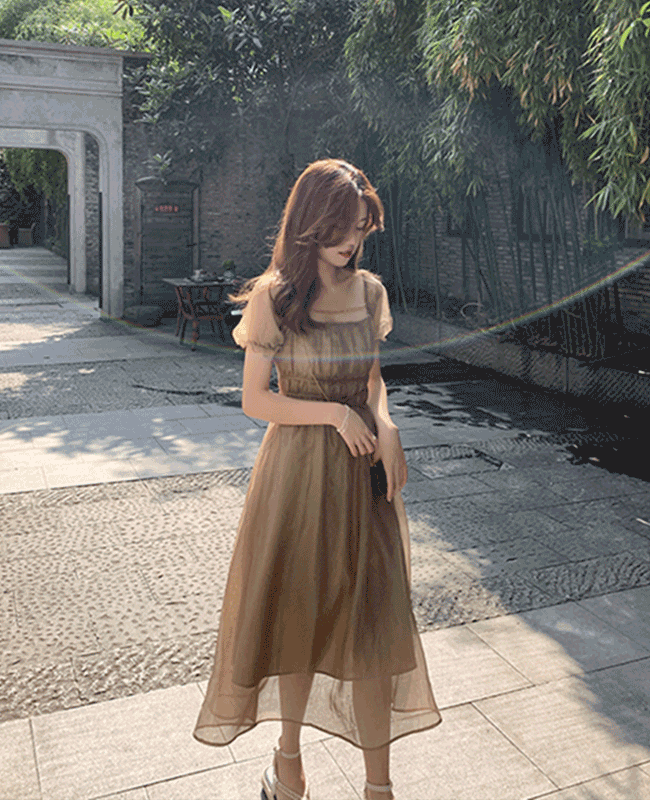 [~3XL/빅사이즈원피스]프렌치 공주풍 쉬폰원피스 스퀘어넥 롱원피스 시스루 셔링원피스 여리핏 롱드레스 시원한 여름원피스 반소매 퍼프 허리슬림 롱드레스 하객룩 데이트룩