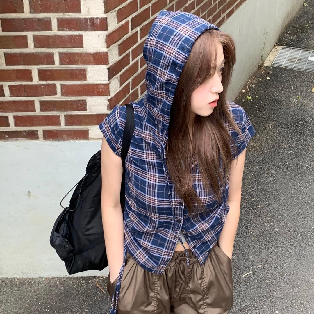 와이오브제 [키작녀추천/빈티지] 콤마 체크 셔링 후드 반팔 셔츠