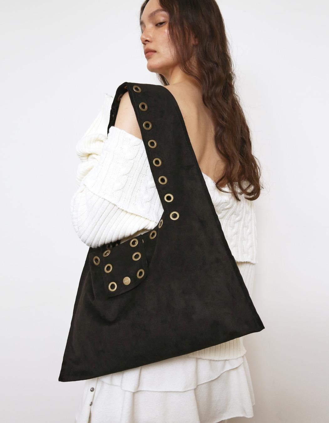 EYELET SUEDE SHOULDER BAG, BLACK