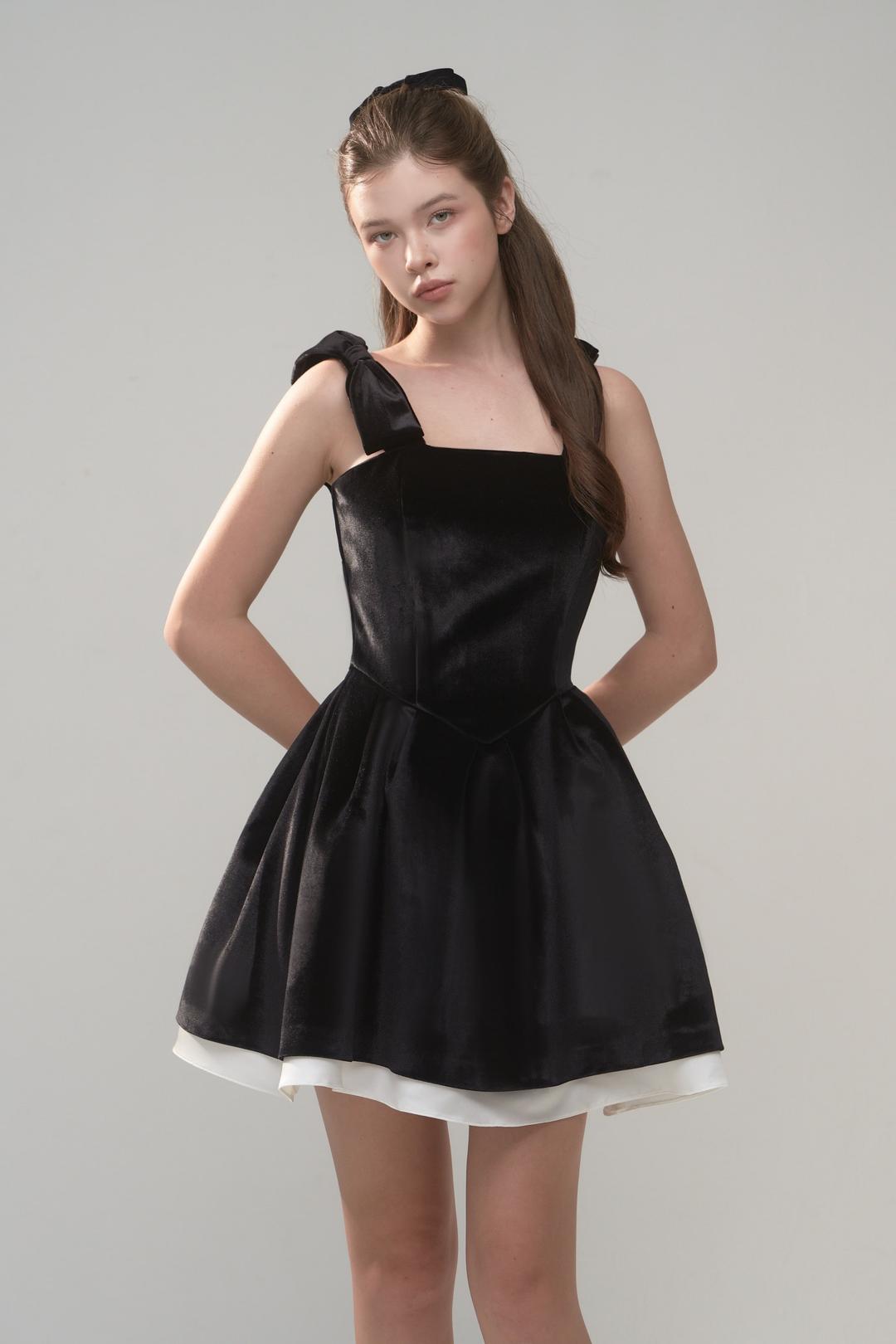 Ribbon Couture Velvet Mini Dress - BLACK & WHITE