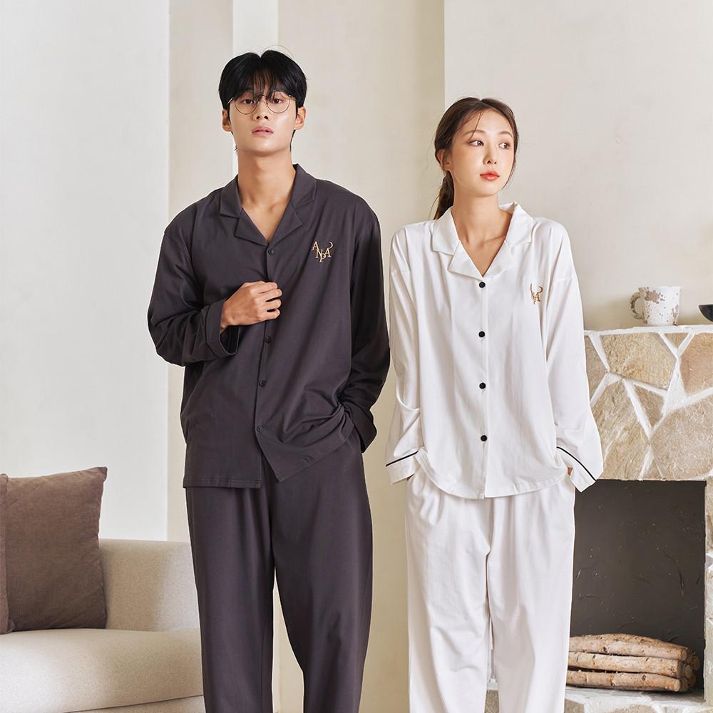 안파 커플 잠옷 파자마 홈웨어 선물 집들이 수면 신혼부부 무지 면 긴팔 달빛 세트 ANPA33
