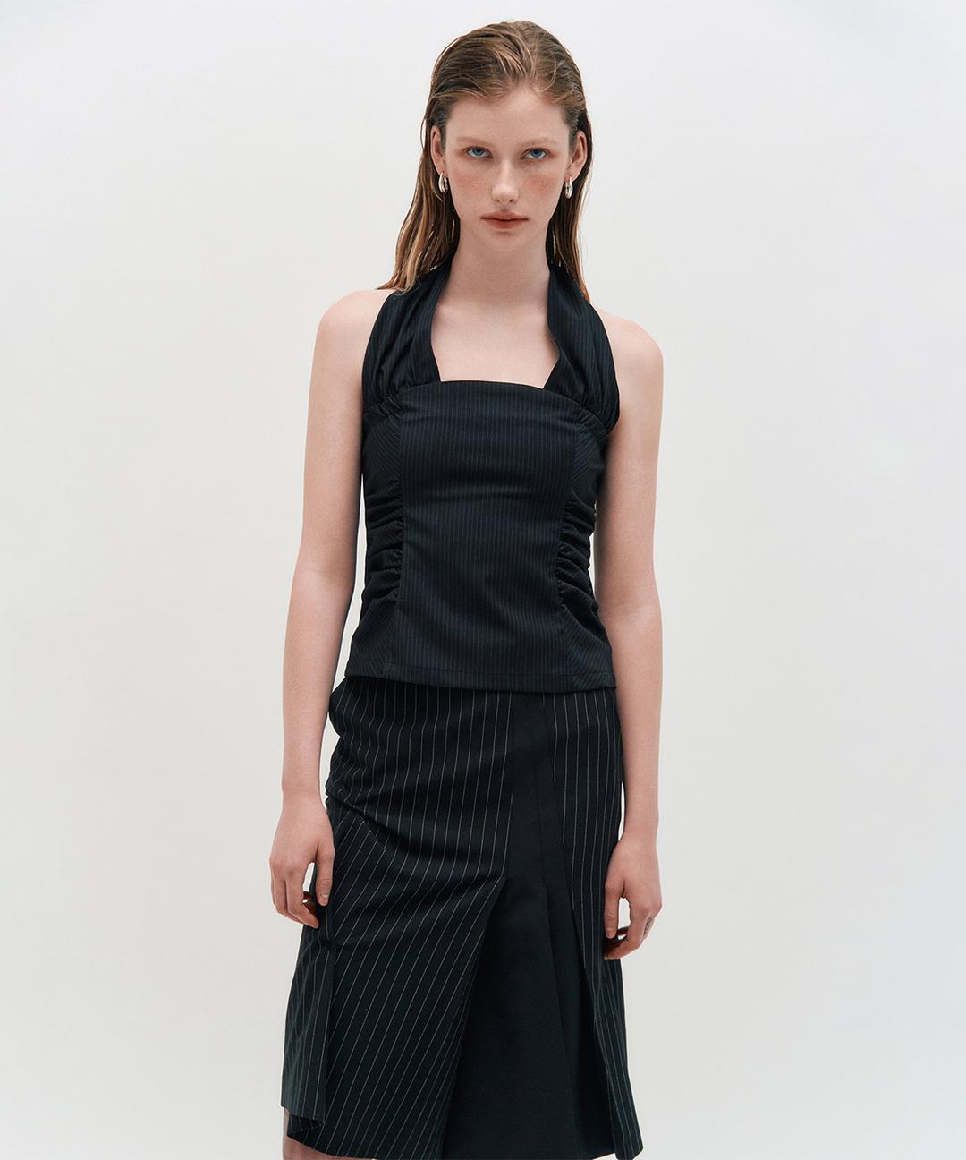 Wide Tie Stripe Halter Top _ BLACK