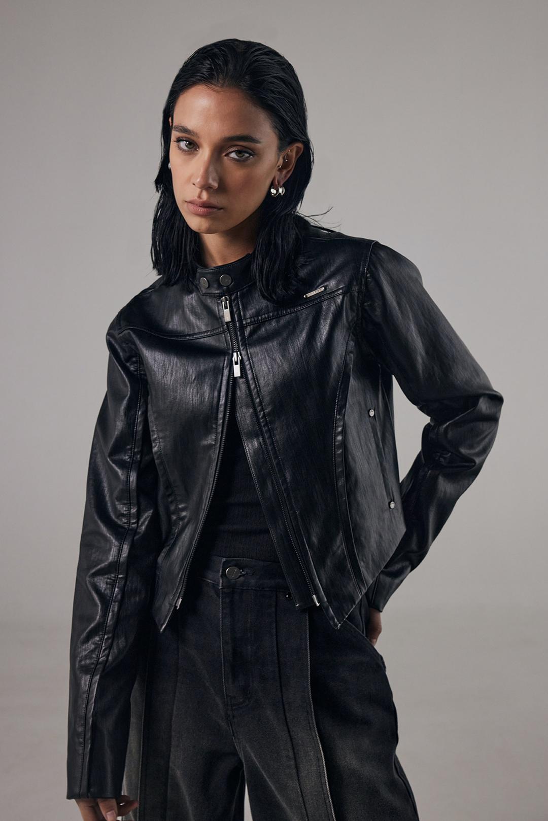 V-Shape Leather Biker Jacket [ Black ]