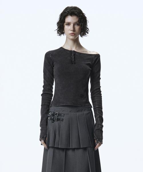 One-Shoulder Henley Neck Long Sleeve [ Charcoal ]