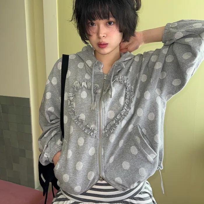 [9차 리오더][인플루언서착용] FRILL HEART HOODIE, DOT GREY