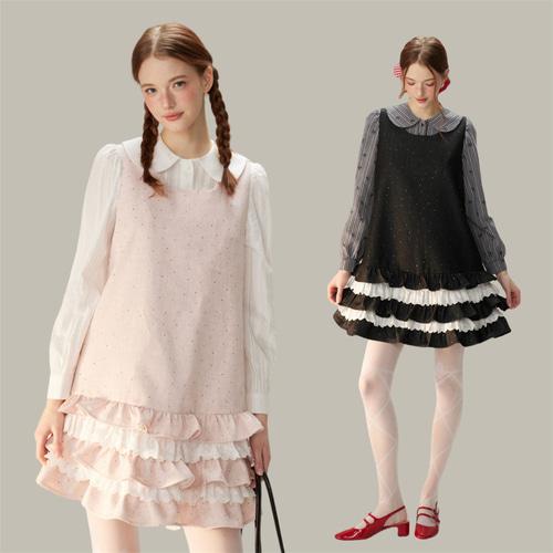 페미닌 러플 헴라인 레이스 배색 원피스