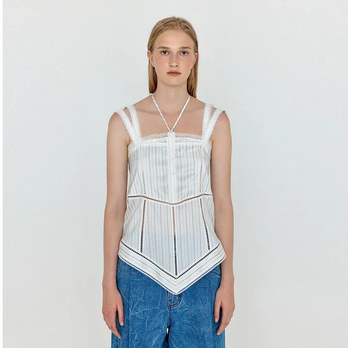 WENDY Layered Lace Top - Ivory/SkyBlue Stripe