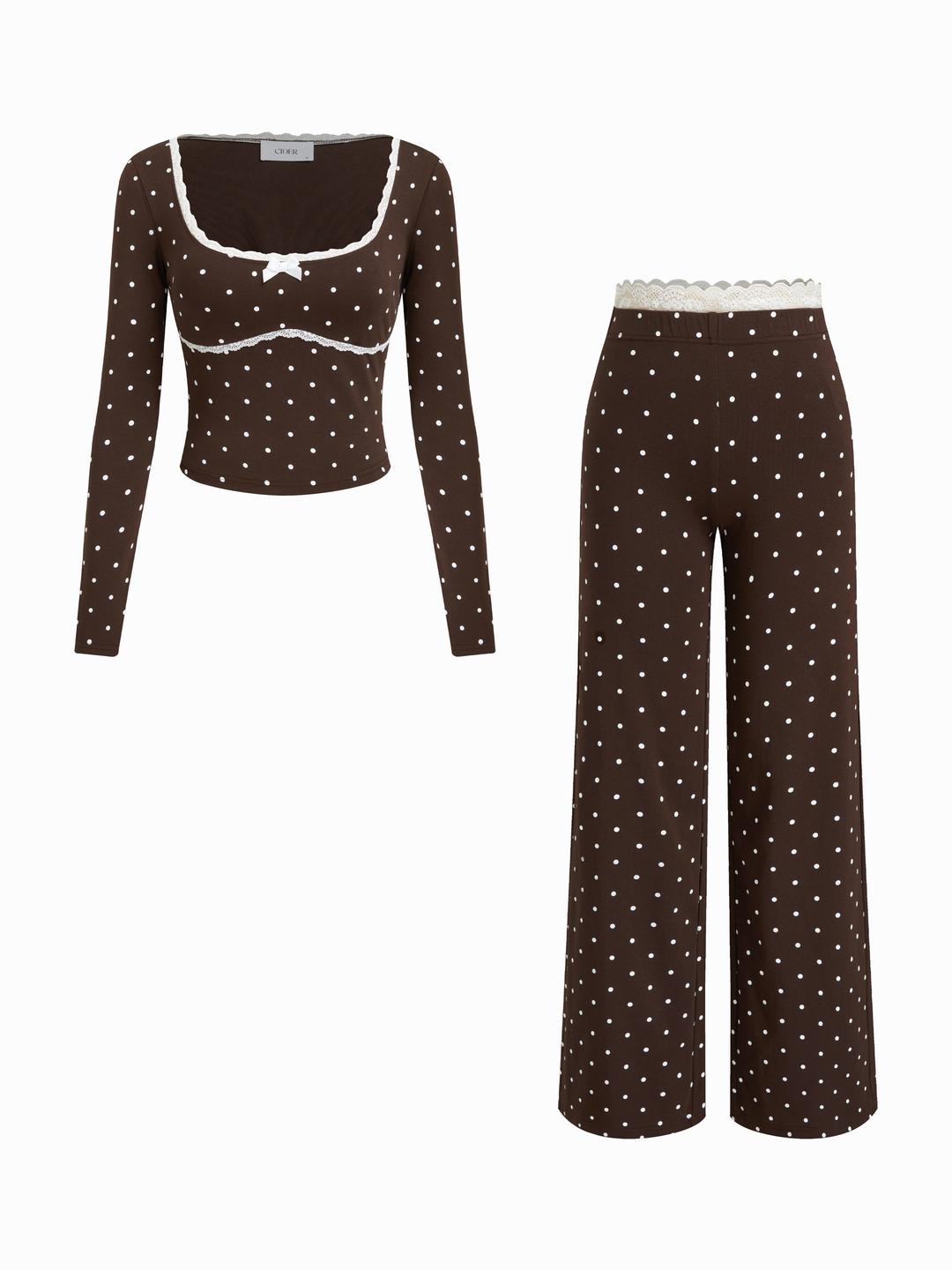 Cotton-blend Polka Dot Lace Bowknot Top & Mid Rise Lettuce Trim Straight Leg Trousers Loungewear Set