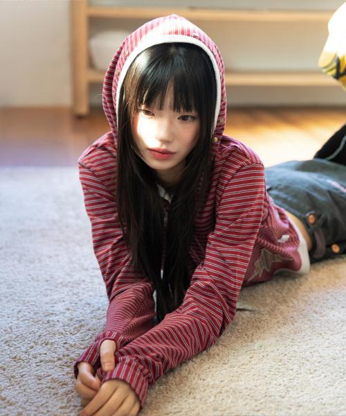 WXT092 코하네 스트라이프 후드 티셔츠 (RED)