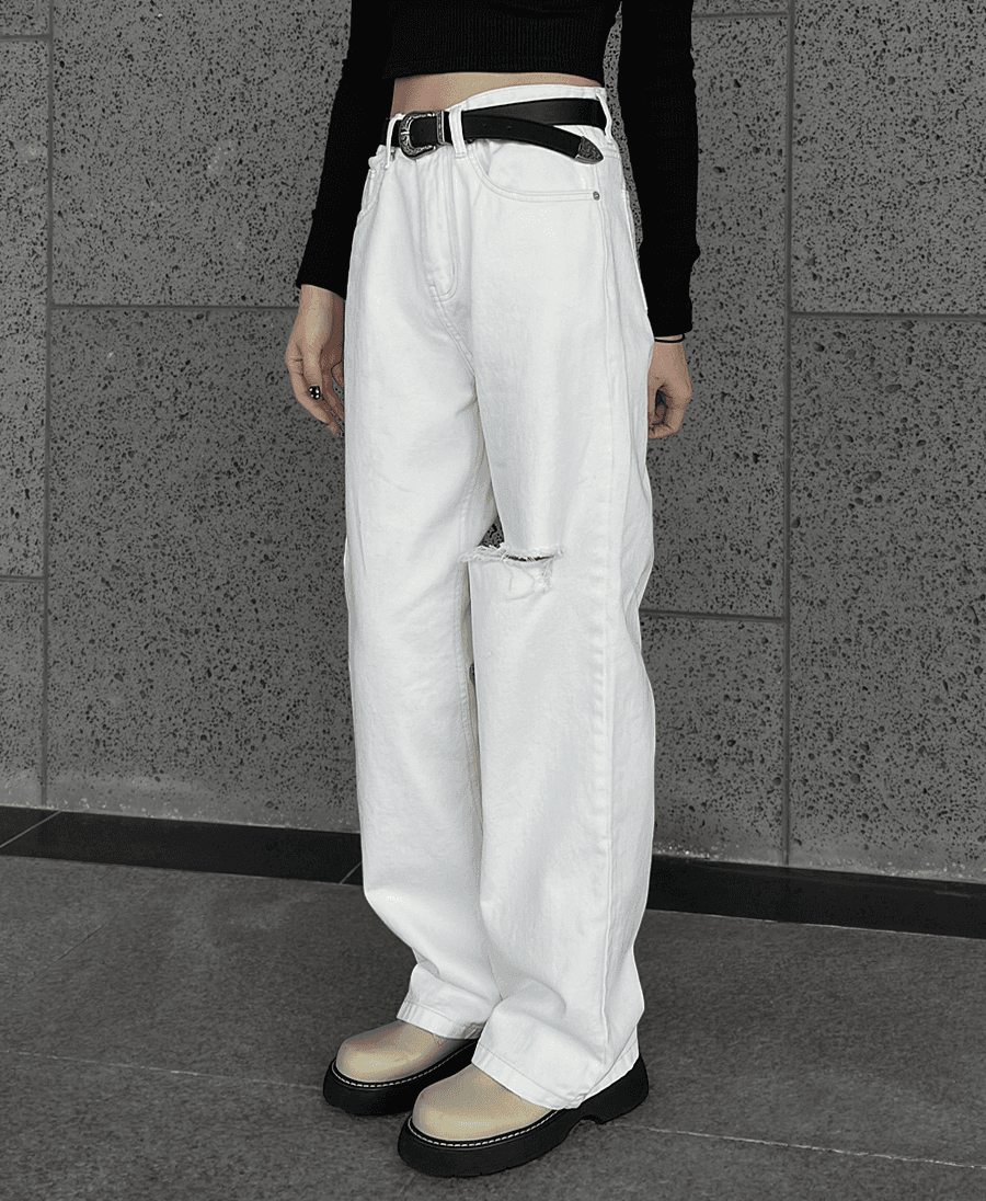 [UNISEX] 컷팅 데님 롱 와이드팬츠 (3 color)