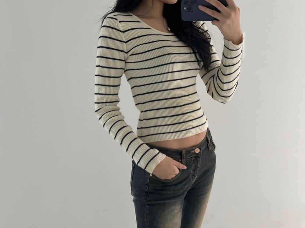 (봄니트🤍/찐여리핏)슬림핏 U넥 단가라 골지 니트