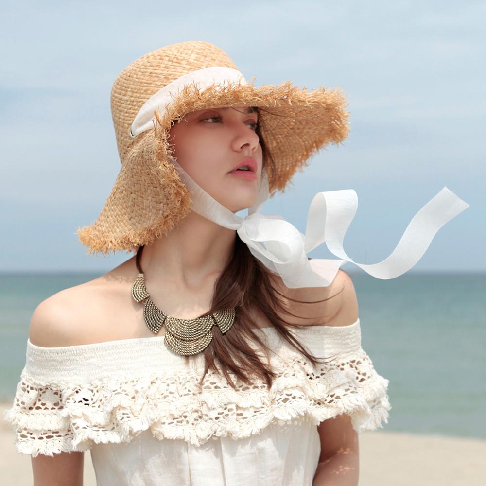 [화이트샌즈 라피아햇] 엘리스 샤랄라 리본 라피아햇 네츄럴