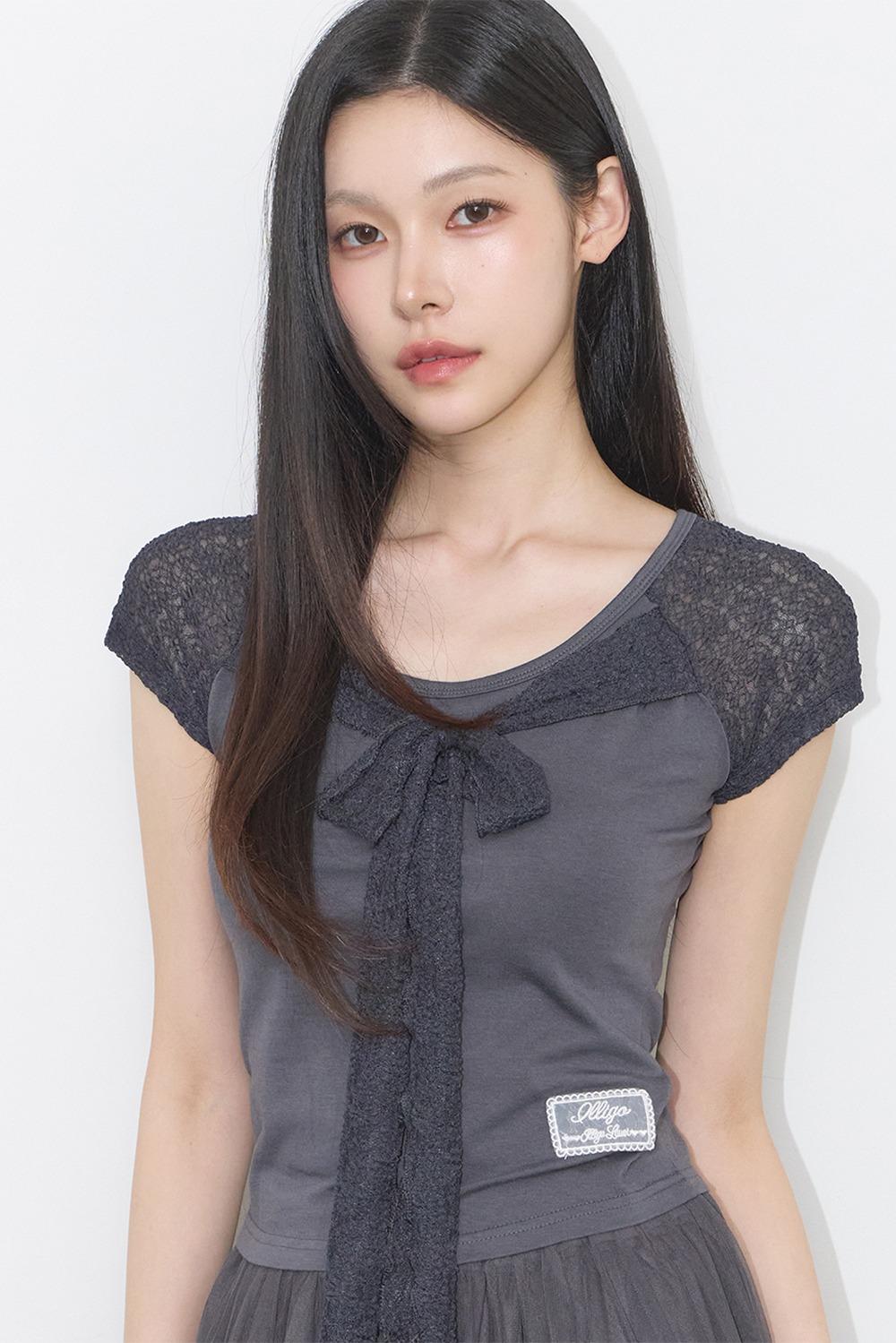 레이스 리본 배색 티셔츠 차콜