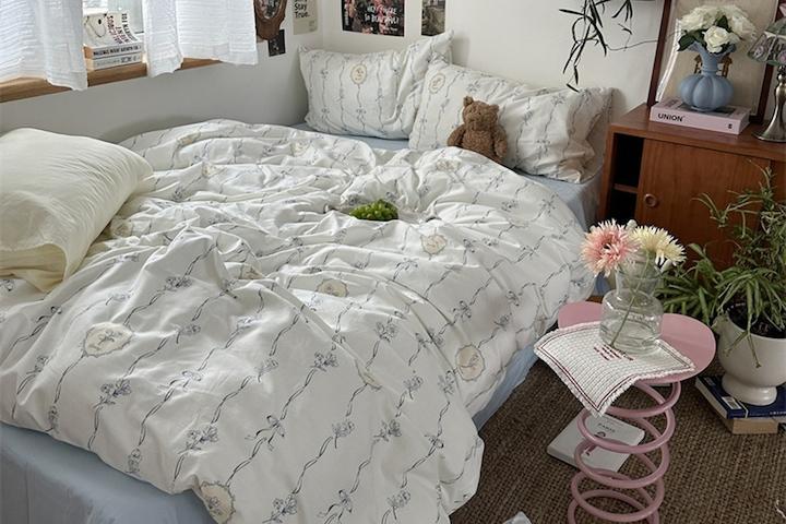 줄무늬 리본 퍼플 면40수 침구 이불 커버 세트