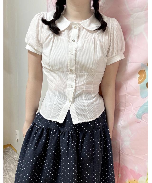 레몬딸기 당일출고 빈티지 모리걸 자개 꽃단추 둥근 카라 여름 반팔 리본 블라우스 도쿄 여행룩