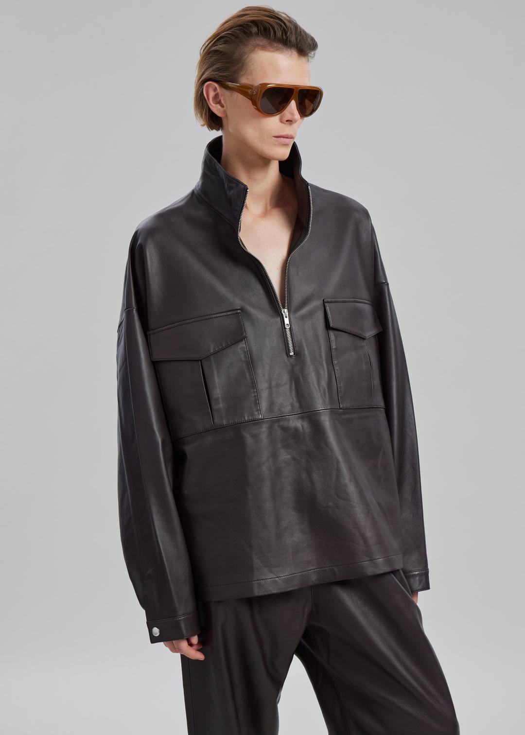 Kevin Leather Half Zip Shirt - Brown - XS/S