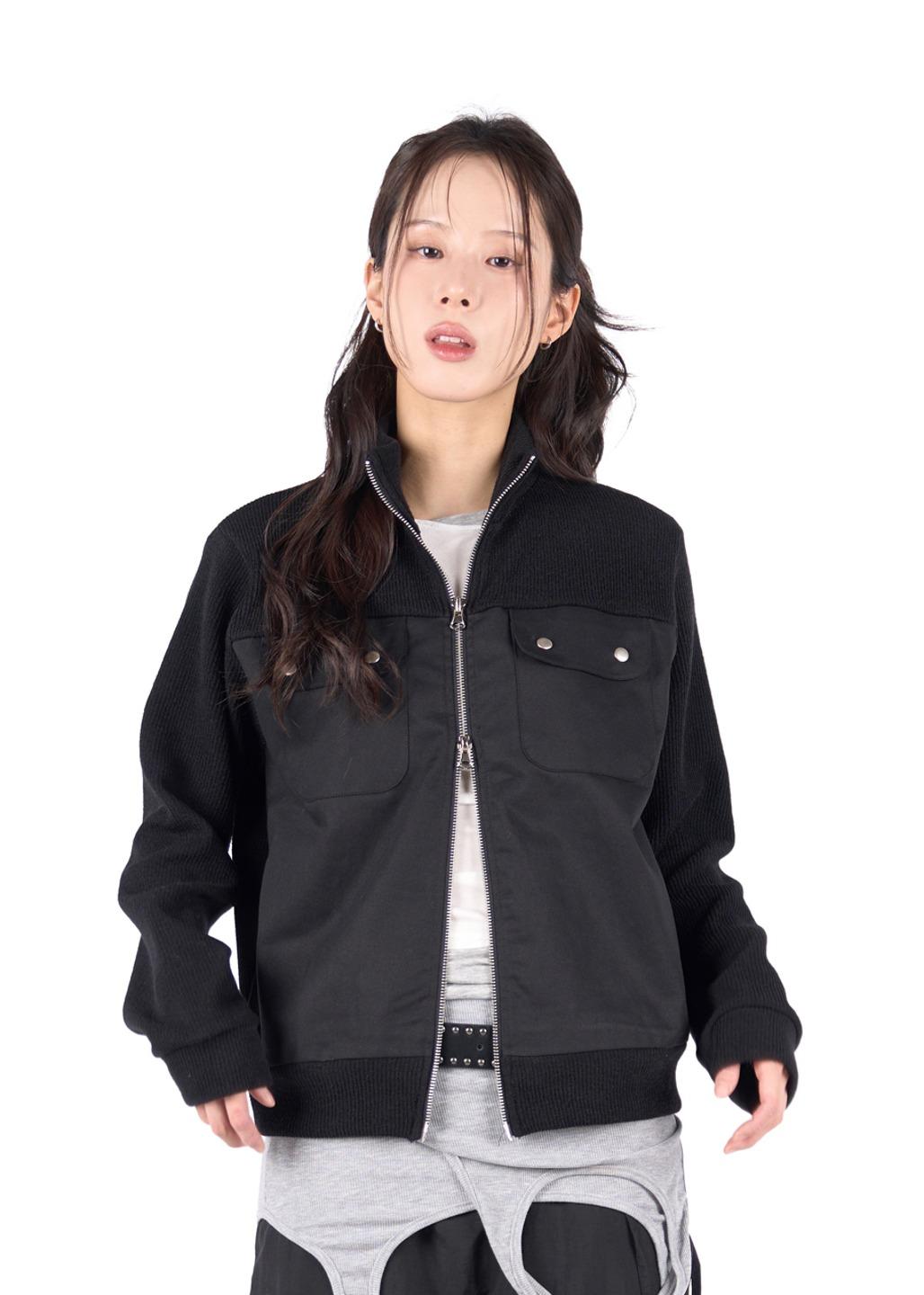 RIBBED POCKET KNIT ZIP-UP